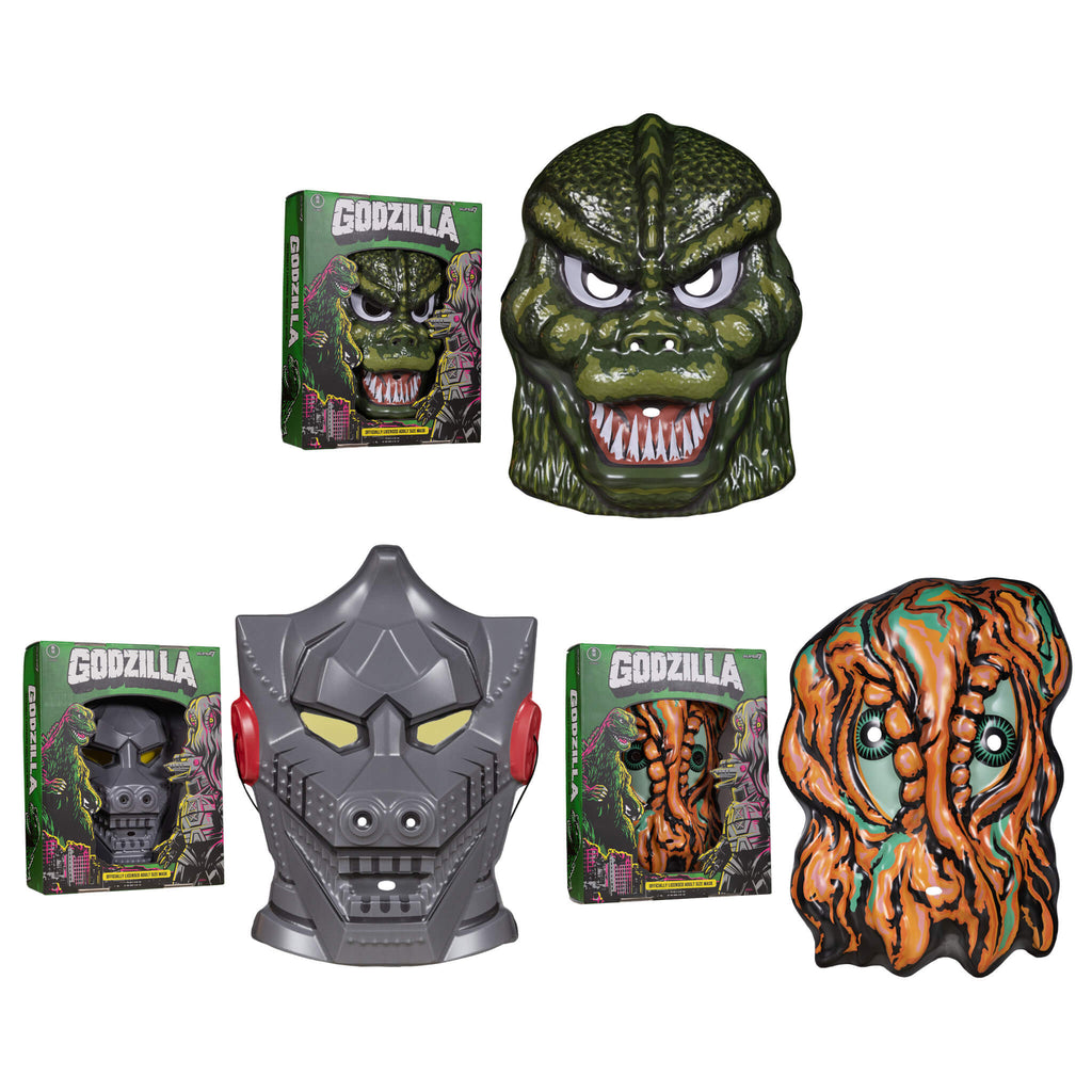 Toho Masks - Godzilla (Green), Mechagodzilla (Grey) & Hedorah (Orange)