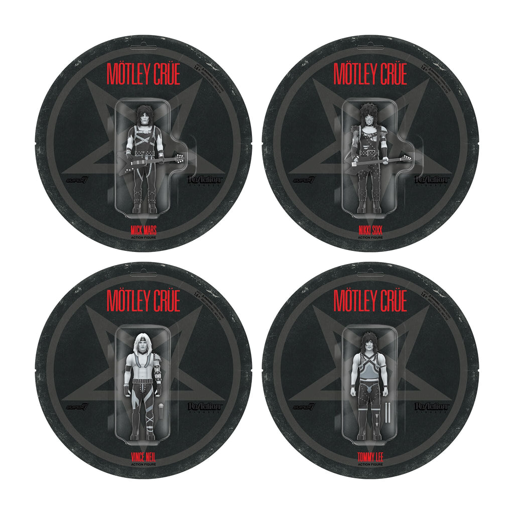 Motley Crue ReAction Figures Wave 02 - Vince Neil, Tommy Lee, Nikki Sixx, & Mick Mars (Shout At The Devil - Black & White)
