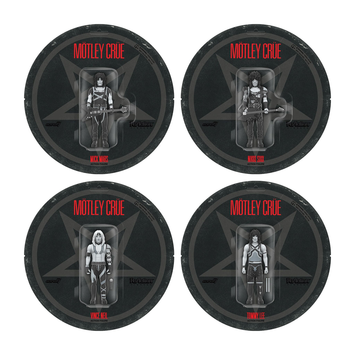 Motley Crue ReAction Figures Wave 02 - Vince Neil, Tommy Lee, Nikki Sixx, & Mick Mars (Shout At The Devil - Black & White)