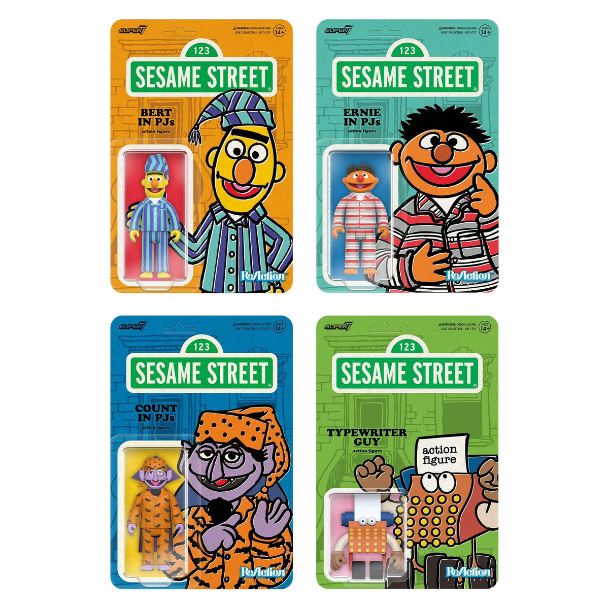 Sesame Street ReAction Figures Wave 6 - Typewriter Guy & Bert, Ernie and Count Von Count (PJs)