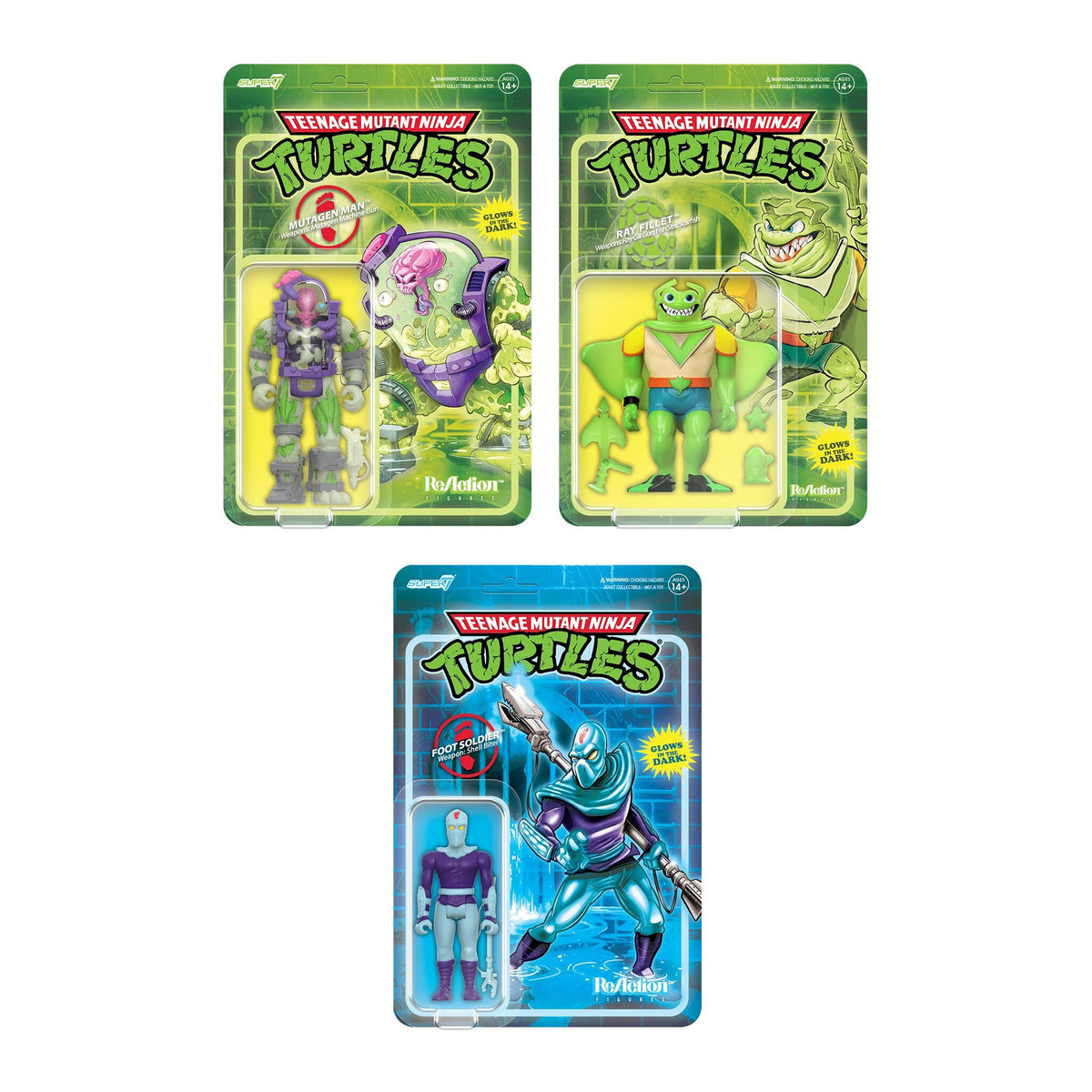 Teenage Mutant Ninja Turtles ReAction Figures - Mutagen Man (Glow), Foot Soldier (Blue Glow), Ray Fillet Bioluminescent (Green Glow)