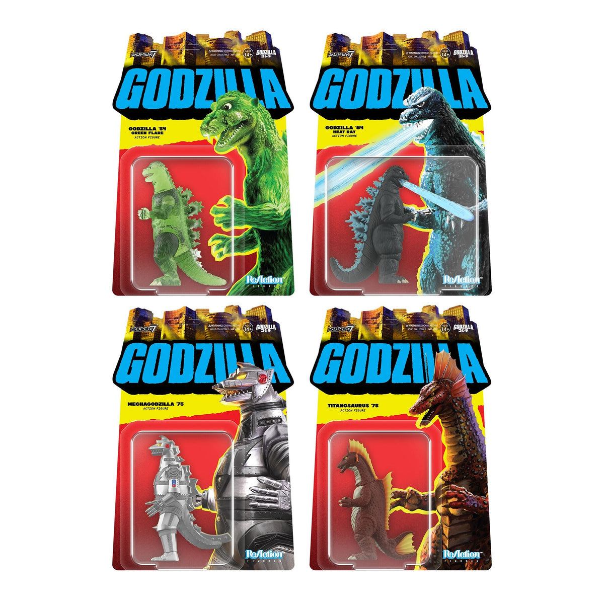 Toho ReAction Figures Wave 07 - Godzilla '84 (Heat Ray), Mechagodzilla (1975), Titanosaurus, Godzilla (Semi-Clear Green version)
