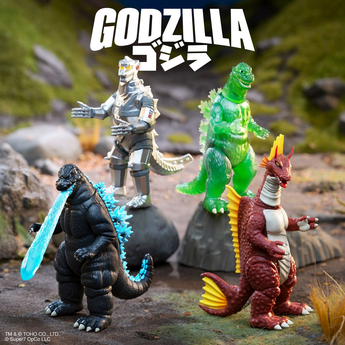 Toho ReAction Figures Wave 07 - Godzilla '84 (Heat Ray), Mechagodzilla (1975), Titanosaurus, Godzilla (Semi-Clear Green version)