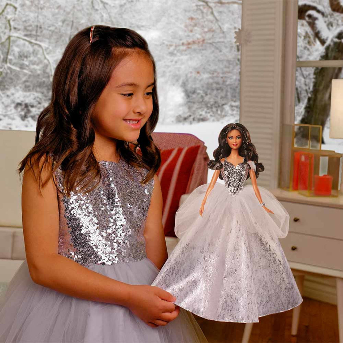 2021 Holiday Barbie Doll, Brunette Curly Hair
